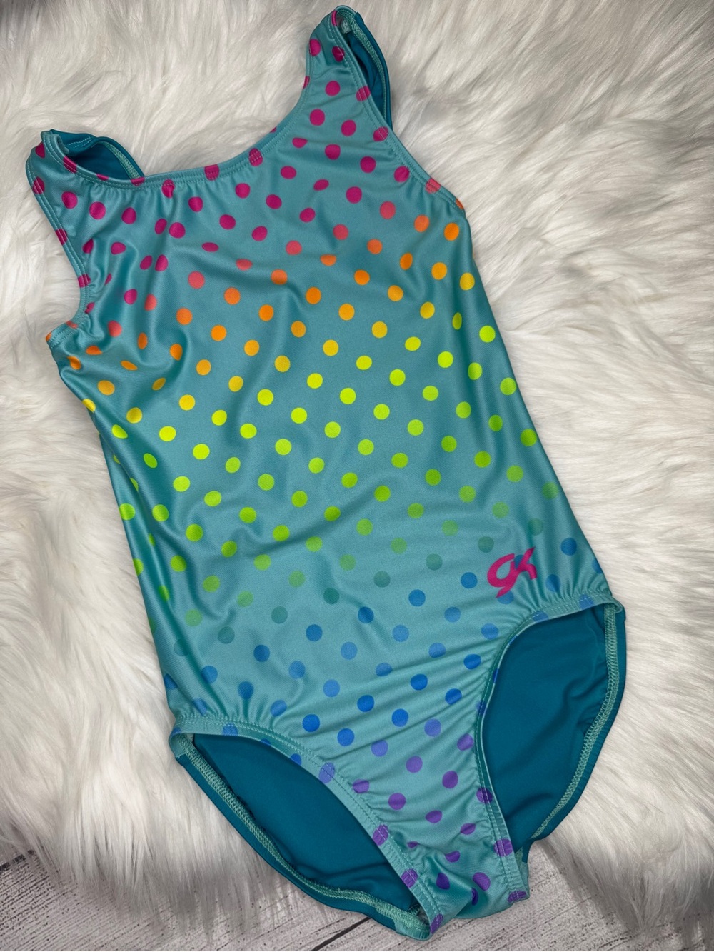 GK Stars Gymnastics & Dance Leotard in the rainbow polka dot and teal gradient